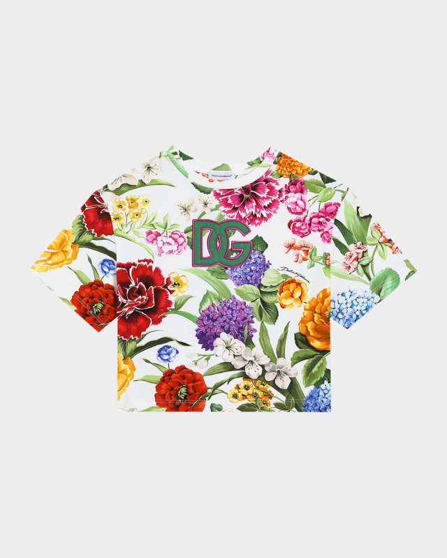 Girl's Floral Interlocked Logo-Print T-Shirt, Size 4-